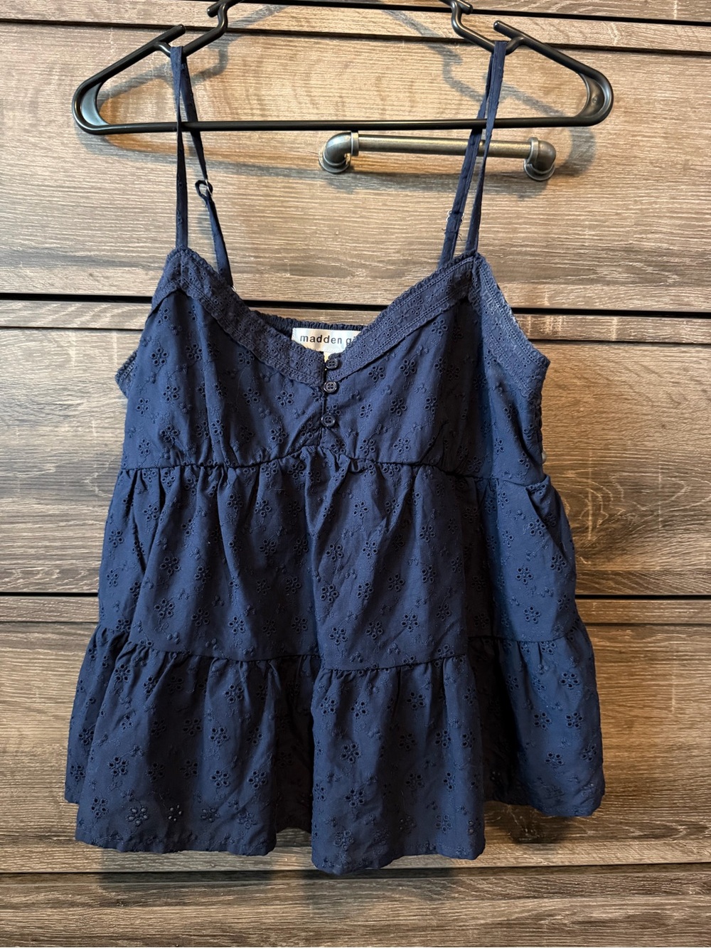 Madden Girl Navy Eyelet Tiered Camisole with Spaghetti Straps
